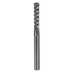 Solid carbide router bit with diamond-cut pattern and plain end for routing composites, fiberglass, and abrasive materials. The diamond geometry reduces heat buildup and provides a clean finish in CNC and handheld routing applications.