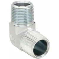 This 90° steel pipe elbow is designed for hydraulic extreme-pressure systems. It features 3/4 in male NPT threaded connections on both ends and is rated for a maximum operating pressure of 4,000 psi. Used to change flow direction in high-pressure fluid power applications