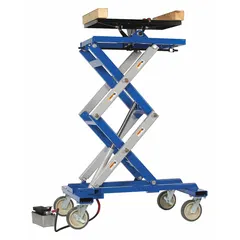 Air-powered scissor lift with 0.83 ton load capacity, steel frame, manual handle operation, and strap securing mechanism. Designed for raising and supporting powertrain assemblies in automotive and industrial repair facilities during removal, service, or installation.