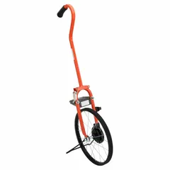 This digital measuring wheel features a spoked single rubber wheel with rubber tread and a steel foldable frame. It has a swan-neck adjustable handle and displays measurements in feet and meters up to 99,999 ft. Powered by two AA batteries (not included), it is suitable for measuring distances in indoor and outdoor environments.