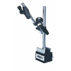 Rigid-arm magnetic base indicator holder with Fine Adjust Top (FAT). Features an Always On magnetic base and accepts 3/8 in and M8 x 1.25 stems. Overall dimensions: 2.244 x 1.818 x 1.496 inches. Used to securely position dial or test indicators on ferrous surfaces for measurement and inspection tasks.