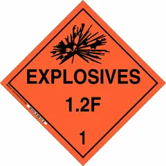 Class 1: Explosives placard measuring 10 3/4 in x 10 3/4 in with a 10 3/4 in label height. Displays 'Explosives 1.2 F 1' for hazard identification. Used for marking containers during transport to indicate explosive contents.