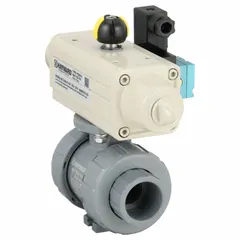 This pneumatically-actuated two-way ball valve is constructed of CPVC and features a true-union socket/NPT connection with female ends on both sides. The air-to-spring actuator from the PSS series provides fail-safe operation and includes a position indicator. Designed for water media, it is mounted via an ISO 5211 pad and complies with NSF/ANSI 372. Typical applications include on/off flow control in industrial piping systems such as chemical processing and water treatment.