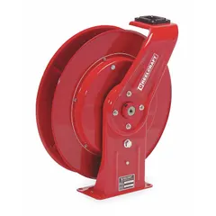 Spring-return hose reel for pressure-washer applications. Handles up to 50 ft of 3/8 in I.D. hose at a maximum operating pressure of 5,000 psi. Constructed with nickel-plated steel and a red finish. Overall dimensions: 19-3/4 in L x 7 in W x 20-1/4 in H.