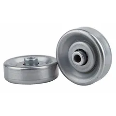 Steel skate wheel with 1 15/16 in diameter, 5/8 in width, and 0.255 in bore diameter. Ball bearing type for smooth rolling. Used in material handling systems such as conveyors, gravity flow racks, and industrial carts.