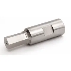 This hex rotary broach is made from high-speed steel for machining hexagonal holes in metal workpieces. It has a 5/32 in hex size, 1/2 in shank diameter, and a maximum cut length of 1/4 in. Commonly used on lathes and milling machines to produce hex-shaped bores for fasteners or fittings.