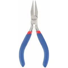Flat-nose pliers with serrated jaws for gripping and bending wire or small components. Overall length 5 in, jaw length 1 in, tip width 1/8 in. Suitable for electrical, jewelry, and light industrial tasks requiring a narrow tip.