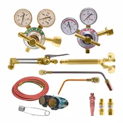 This medium-duty cutting, heating, and welding outfit is configured for acetylene service with a CGA 300 fuel regulator. It includes integrated flashback arrestors for operator safety. Suitable for portable oxy-fuel tasks in maintenance and repair operations.