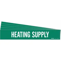 Green adhesive pipe marker with white 'Heating Supply' legend, designed for pipes with outer diameter of 8 inches and larger. Each pack contains 5 markers without directional arrows. Used to identify heating supply lines in piping systems.