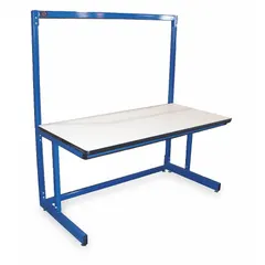 Open-base workstation with a blue laminate top measuring 72 by 30 inches. Starter unit with an overall load capacity of 750 lb. Suitable for assembly, testing, and packaging tasks in industrial and warehouse environments.
