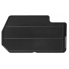 This AKRO-MILS bin divider measures 4 inches by 4 inches and is black in color. It is not electrostatic discharge conductive. Designed for use with compatible AKRO-MILS hanging and stacking bins, it subdivides bins into smaller compartments for organizing small parts, fasteners, or components in industrial workstations, warehouses, and assembly lines.