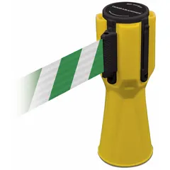 This barrier tape belt is designed for use with traffic cones to cordon off areas. It features a green plastic belt with a blank legend, allowing custom labeling. The belt has a 9-inch height and a maximum length of 11 7/8 feet, housed in a yellow plastic housing with an overall height of 3/4 foot.
