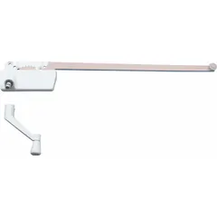 This right-hand surface-mount window operator is designed for casement windows and includes a crank handle. The operator features a powder-coated white finish and a 3-inch base length. It is used to open and close casement windows in residential or light-commercial settings.