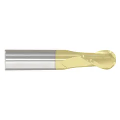 General purpose carbide ball end mill with titanium nitride (TiN) coating for reduced friction and extended tool life. Features 2 flutes, 5/8" mill diameter, 1-1/4" length of cut, and 3-1/2" overall length. Suitable for contouring, slotting, and profiling in mold and die work, aerospace, and general machining of steels and cast irons.