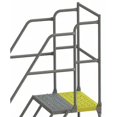 This steel platform is designed for use with rolling ladders in industrial settings. It features a gray finish and includes handrails for user support. The platform provides a stable stepping surface for tasks requiring elevated access.