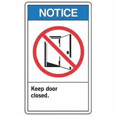 Adhesive-mounted vinyl signs for posting 'Keep Door Closed' notices. Each sign measures 5 in x 3 1/2 in nominal size, 0.02 in thick. Suitable for use on doors in commercial or industrial settings to indicate door closure requirements. Pack of 5.