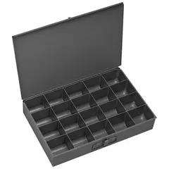 Small compartmented box with 20 fixed compartments, each 2 in x 2-1/2 in x 2-3/16 in. Overall dimensions 13-5/8 in x 9-7/8 in x 2-1/8 in. Gray finish. Suitable for organizing small parts, fasteners, or components in maintenance, assembly, or workshop environments.