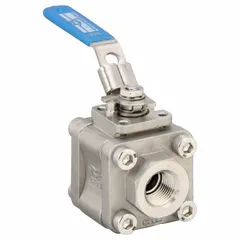 This 1/2-inch stainless steel vented ball valve features a straight body with FNPT x FNPT connections and a polymer seat. The locking lever handle provides secure operation. Vented ball valves are used in piping systems to isolate flow while safely venting trapped pressure downstream, facilitating maintenance.