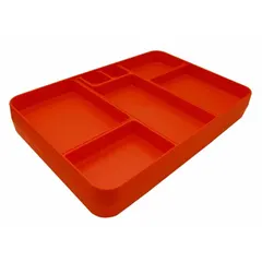Orange X-tray with 7 compartments, overall width 9 1/2 in. Designed for institutional meal service in correctional facilities. Not NSF certified.