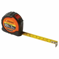 KESON tape measure with a 10 ft / 3 m blade featuring 1/16 in and centimeter graduations. The high-visibility orange plastic body has a rubberized grip, finger brake, and manual lock. The nonmagnetic single hook tip is suitable for use near sensitive electronics. Commonly used for linear measurement in construction, maintenance, and fabrication.