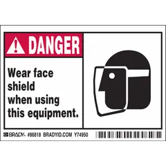 Polyester adhesive sign, 3 1/2 in x 5 in nominal size, 0.01 in thick. Sold in a 5-pack. Not retroreflective and does not glow in the dark. Used to warn personnel of hazards requiring face protection in industrial environments.