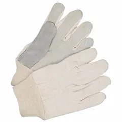 BDG cowhide work gloves with full-finger design, knit cuff, and unlined beige cotton back. Universal size with gray palm. Suitable for general handling, assembly, and material-moving tasks in dry environments.