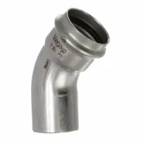 This 45° press-fit x FTG elbow fitting is used in potable water systems to change pipe direction. It connects to stainless steel tubing via press-connect technology, providing secure joints. Size: 1 1/4 in CTS x 1 1/4 in CTS. Material: stainless steel