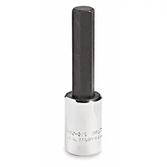 This PROTO hex bit socket features a fixed insert design with a 3/8 in hex tip. It has a 3/8 in drive size and an overall length of 2 23/32 in. Used for driving hex fasteners in industrial assembly, maintenance, and repair tasks.