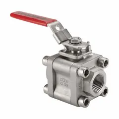 This KECKLEY ball valve is a manual two-way, straight pattern valve made of carbon steel. It features a three-piece body with socket x socket connections and a locking lever handle for secure operation. Typical applications include on/off flow control in industrial piping systems handling compatible media.