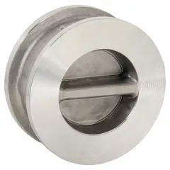 Inline valve body, wafer style, CF8M stainless steel construction. 12 in pipe size. Double-disc design for backflow prevention in piping systems handling water, oil, gas, or steam. Suitable for industrial process lines, HVAC, and pump discharge applications.