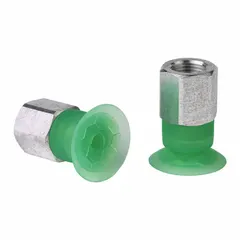 Flat-type vacuum pad assembly with 21 mm pad diameter and 1/8 in NPT vacuum port. Constructed from food-grade silicone rubber. Used for handling film and paper materials in packaging, labeling, and material transfer applications.