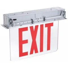 Recess-mount edge-lit exit sign with one illuminated face. Red text on a silver aluminum housing with LED lighting. Universal field-selectable chevrons allow directional adjustment. Suitable for marking emergency exits in commercial and industrial settings.