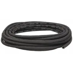 This bulk hydraulic hose features a single fiber-braid reinforcement for medium-pressure fluid transfer. It has a 3/4 in inside diameter, 1 53/64 in outside diameter, and a 50 ft length. The hose operates in a temperature range of -40° to 212°F and is suitable for return lines and general-purpose hydraulic applications in industrial machinery, construction equipment, and agricultural systems.