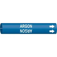Snap-on pipe marker for identifying argon gas lines. Blue background with white legend text and directional arrows. Fits pipe outer diameter of 4 to 6 inches. Includes one marker per unit.