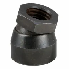 This toggle pad is made of black oxide steel with a 3/4"-10 thread. It is used in workholding fixtures to securely clamp workpieces without marring surfaces. The swiveling pad distributes clamping force evenly, suitable for machining and assembly applications.