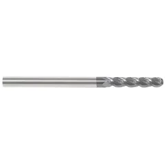 This solid carbide ball end mill features an AlTiN coating and four flutes. With a 5/16" mill diameter, 1-1/2" length of cut, and 6" overall length, it is suited for general purpose milling of contoured surfaces, slots, and 3D profiles in metal and composite workpieces.