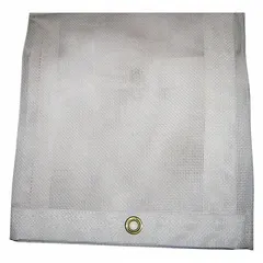 Standard duty mesh tarp made of 5 mil vinyl with a white PVC coating, weighing 10 oz/sq yd. Measures 19.5 ft in length and 9.5 ft in width. Suitable for covering equipment, materials, or loads in outdoor settings requiring weather resistance.