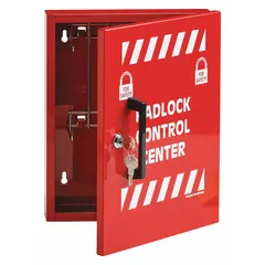 Wall-mounted steel lockout station with a closed cover and no window. Unfilled, includes two keys. Accommodates small lockout kits (1-20 devices). Used to store lockout devices during equipment servicing.
