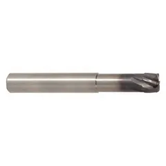 Carbide end mill with AlTiN coating, 6 flutes, 1" diameter, and 0.0531" length of cut. Designed for high-feed machining of stainless steel and super alloys. Corner radius geometry reduces chipping and extends tool life in roughing and finishing operations.