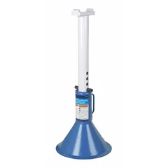 This 12-ton capacity jack stand features a pin-adjustment mechanism for secure height selection. The round steel base provides stability, while the flat/rectangular saddle supports loads during vehicle or equipment maintenance. Minimum height is 33-3/4 in, maximum extended height is 44-1/4 in.