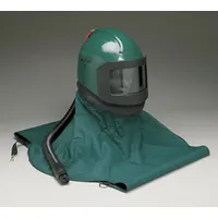 This supplied-air respirator (SAR) helmet is designed for abrasive blasting operations, providing respiratory protection by delivering clean breathing air through a cape and breathing tube. The universal headgear size accommodates various users, and the helmet is included as part of the system