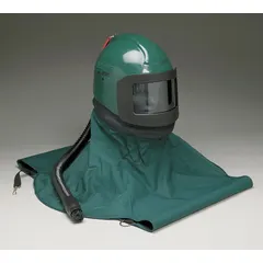 This supplied-air respirator (SAR) helmet is designed for abrasive blasting operations, providing respiratory protection by delivering clean breathing air through a cape and breathing tube. The universal headgear size accommodates various users, and the helmet is included as part of the system.