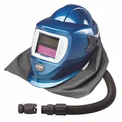 This partial supplied-air respirator assembly is configured for welding applications. It includes a helmet with a Stedprene neck cape and OBAC fittings, and is powered by an ambient air pump to deliver breathable air to the user.