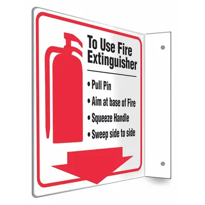 CONDOR Safety Sign: PETG, Mounting Holes Sign Mounting, 8 in x 8 in Nominal Sign Size - L-Shape Projection To Use Fire Extinguisher -Pull Pin -Aim At Base Of Fire -Squeeze Handle -Sweep Side To Side Signs