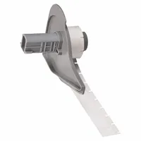 Vinyl wraparound label for wire and cable identification on 22 AWG to 16 AWG gauges. Black on white, 1/2 in x 1/2 in size. Compatible with M710 printer series; requires M7-R6200 ribbon. Used in electrical panels, control cabinets, and maintenance applications