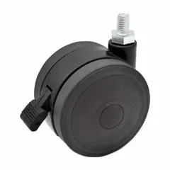 This swivel caster features a stem mounting and a face brake, with a black frame. It is compatible with Invacare CS Series (3/5/7/9) healthcare beds. Used to provide mobility and secure locking for patient beds in medical facilities.