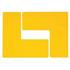 Solid yellow L-shaped floor marking tape with no legend. Each piece measures 4 in x 10 in with an 8 mil thickness. Backed with polyester material. Supplied in a pack of 20. Used to mark aisles, hazard zones, and equipment perimeters in industrial facilities.