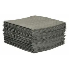 Perforated polypropylene sorbent pad for absorbing industrial spills and leaks. Each pad absorbs up to 104 oz of oils, coolants, and water-based fluids. Sold in a 50-pack, suitable for maintenance and fluid-handling areas.