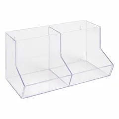 This wall-mounted bulk bin is made of clear PETG, allowing easy visibility of contents. It measures 8 3/8 inches in height and 16 3/4 inches in length, suitable for storing miscellaneous lab supplies in laboratories or clean rooms.