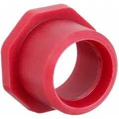 Schedule 80 pipe straight made from polyvinylidene, with a 3/4 in x 1/2 in fitting pipe size and female-male red configuration. Meets ASTM D3222 standards. Used in industrial piping systems for connecting pipes of different sizes, suitable for corrosive fluid handling and outdoor applications due to UV resistance.